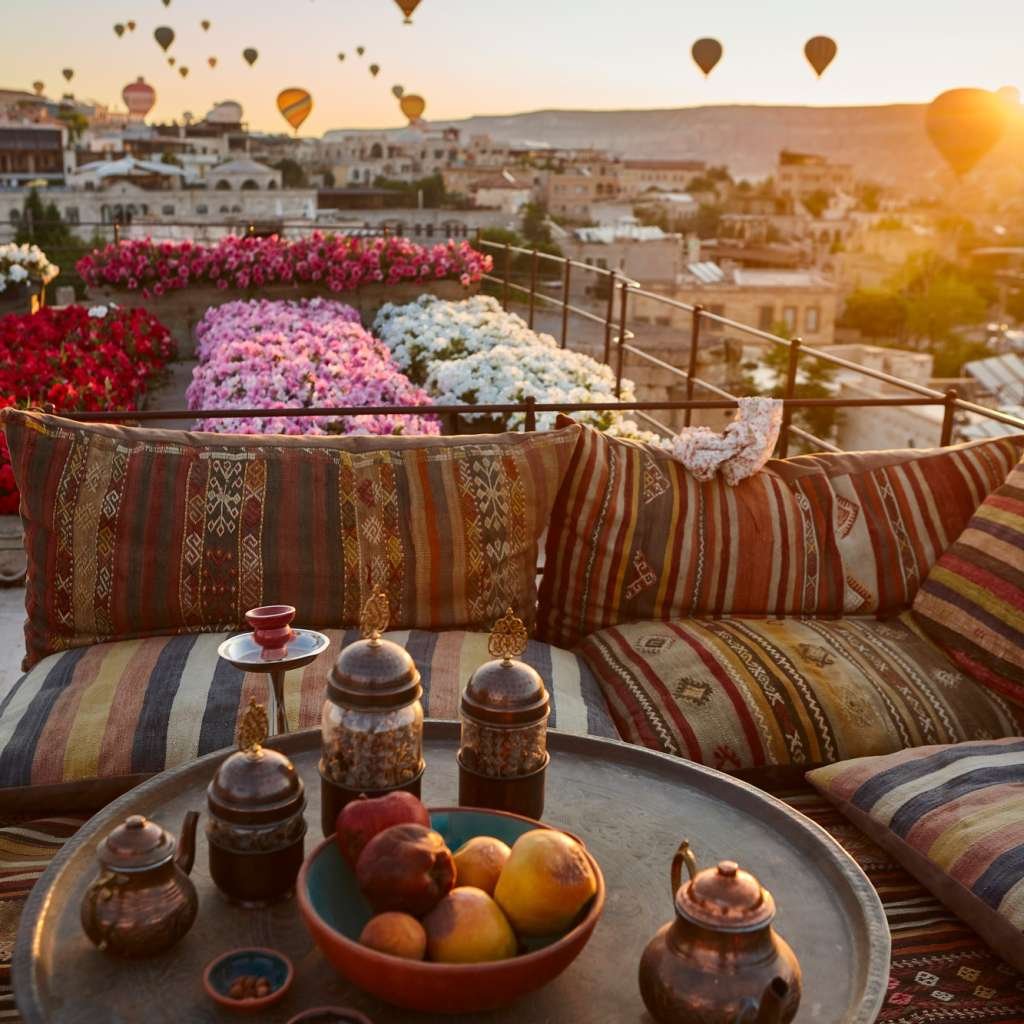Balloons in rose valley, Cappadocia. Sunrise in Goreme. Turkey