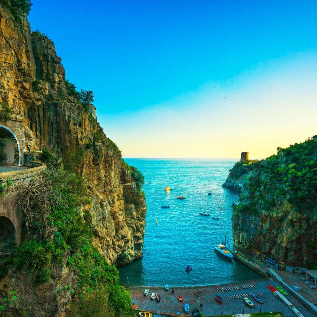 Furore beach bay in Amalfi coast, panoramic view. Italy