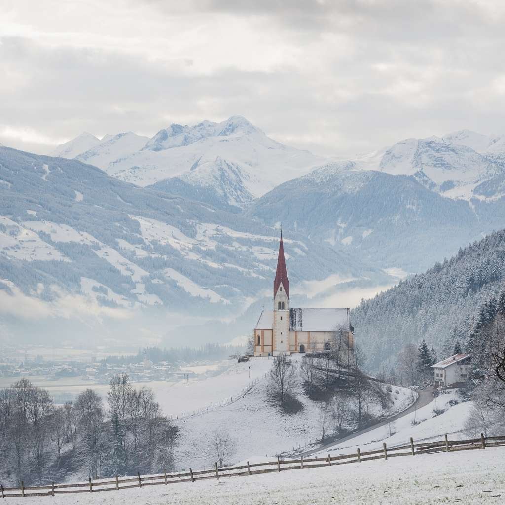 Church in Zillertal valley in the snow